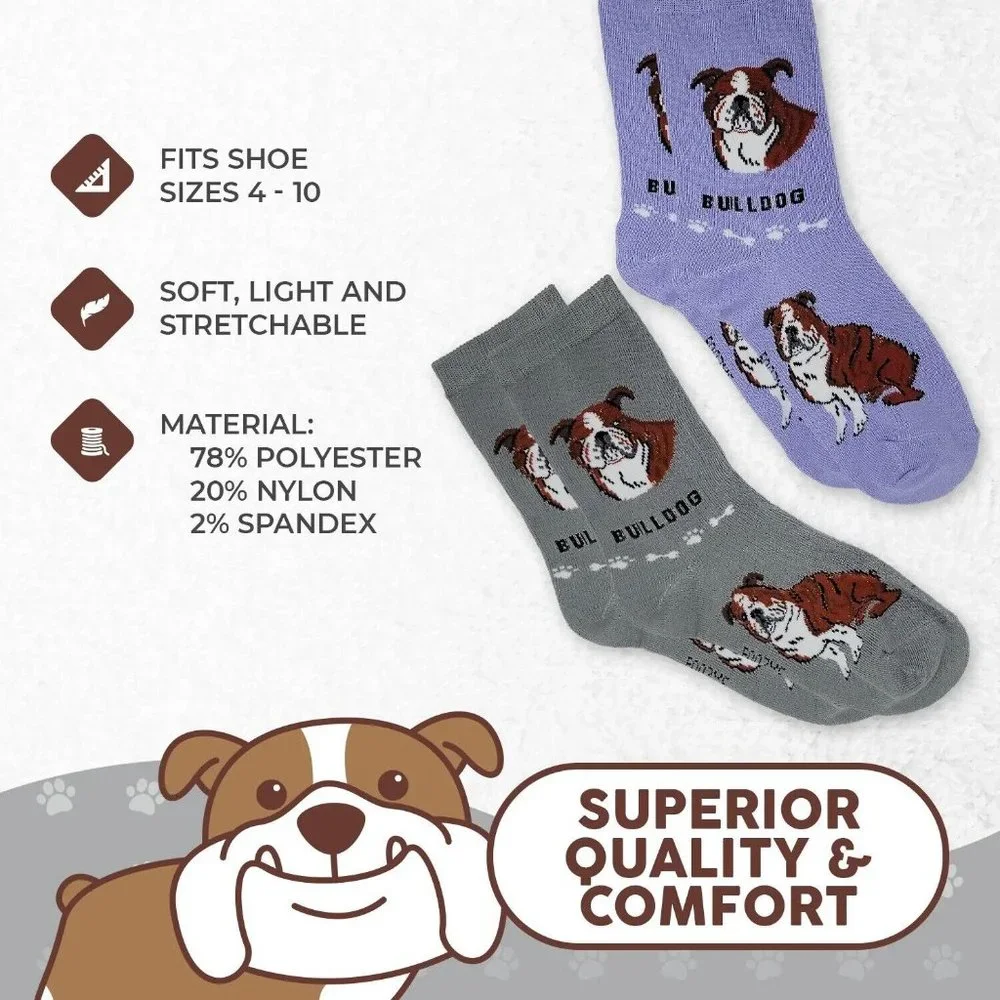 Bulldog British English Dog Breed Women's Foozys Puppy Cute Dogs 2 Pairs Socks